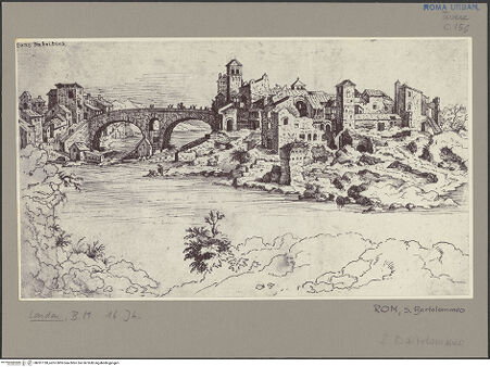 Vorderseite von unbekannt [https://www.deutsche-digitale-bibliothek.de/content/lizenzen/rv-fz/] Ansicht der Tiberinsel mit San Bartolomeo und dem Ponte Fabricio (ehemals Ponte dei Quattro Capi) - , bh051138_recto. Foto.