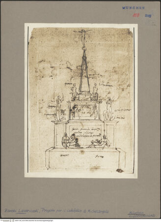 Vorderseite von Staatliche Graphische Sammlung [http://creativecommons.org/publicdomain/mark/1.0/] Katafalk für die Exequien Michelangelos - Gesamtansicht, bh051189_recto. Foto.