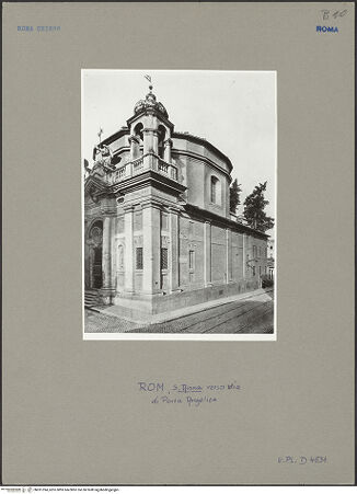 Vorderseite von Bibliotheca Hertziana [https://www.deutsche-digitale-bibliothek.de/content/lizenzen/rv-fz/] Sant'Anna dei Palafrenieri - Fassade und rechte Flanke von der Kreuzung Via di Porta Angelica, bh051394_recto. Foto.