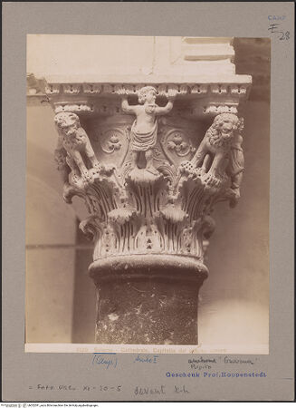 Vorderseite von Vatikan, Monumenti, Musei e Gallerie Pontificie [http://creativecommons.org/publicdomain/mark/1.0/] Linke KanzelKapitell mit Tragfiguren, Löwen und Vögel - Südliche Seite, bh052391_recto. Foto.