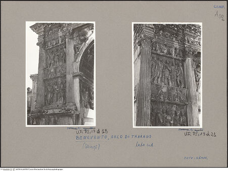 Vorderseite von Bibliotheca Hertziana [https://www.deutsche-digitale-bibliothek.de/content/lizenzen/rv-fz/] Arco di Traiano (Trajansbogen)Nordöstliche Seite (Landseite)Linker Pylon - Gesamtansicht, bh053616_bh053615_recto. Foto: Kämpf, Hellmut.