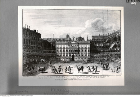 Vorderseite von  [https://rightsstatements.org/page/CNE/1.0/] Palais Provisional dans la grande Place de st.Marc de Venise le 24 Janvier 1872 à l'occasion de la Venüe de leurs Altesses Imp.[...] Mons.r le Comte, et Madame la Comtesse du Nord avec la Chasse des Taureaux, ... - , bh054416. Foto.