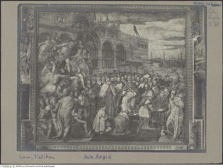 Vorderseite von Bibliotheca Hertziana [https://www.deutsche-digitale-bibliothek.de/content/lizenzen/rv-fz/] Herrscher mehrten die weltliche oder beugten sich der geistlichen Macht der PäpsteDie Aussöhnung Alexanders III. mit Friedrich I. - , bh054862_recto. Foto.