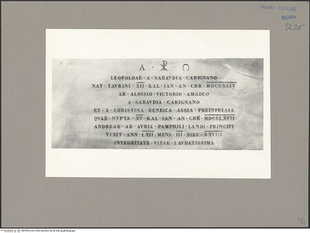 Vorderseite von ICCD [https://www.deutsche-digitale-bibliothek.de/content/lizenzen/rv-ez/] Grabinschrift für Leopoldina Maria di Savoia-Carignano (gest. 1807) - Gesamtansicht, bh055522_recto. Foto.