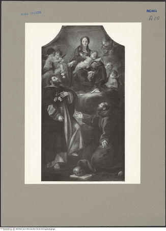 Vorderseite von ICCD [https://www.deutsche-digitale-bibliothek.de/content/lizenzen/rv-ez/] Rosenkranzmadonna mit den Heiligen Dominikus und Franz von Assisi - , bh055547_recto. Foto.