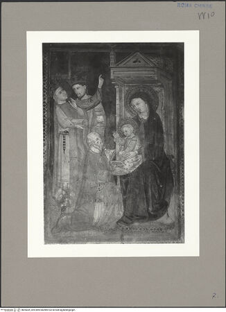 Vorderseite von ICCD [https://www.deutsche-digitale-bibliothek.de/content/lizenzen/rv-ez/] Anbetung der Könige; daneben vier Heilige, darunter Johannes der Täufer und Agnes - Detail: Anbetung, bh055649_recto. Foto.