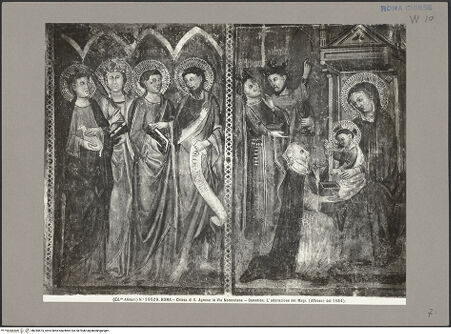 Vorderseite von Alinari [https://www.deutsche-digitale-bibliothek.de/content/lizenzen/rv-ez/] Anbetung der Könige; daneben vier Heilige, darunter Johannes der Täufer und Agnes - Gesamtaufnahme, bh055675_recto. Foto.