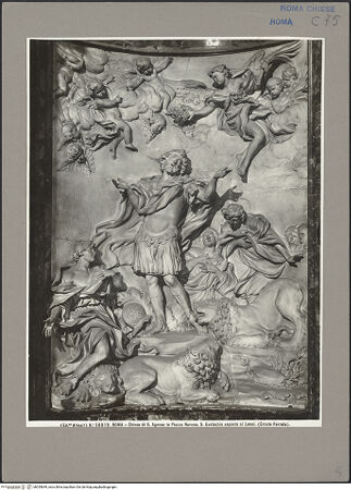 Vorderseite von Alinari [https://www.deutsche-digitale-bibliothek.de/content/lizenzen/rv-ez/] Der heilige Eustachius und seine Familie werden den Löwen vorgeworfen, ein Löwe verneigt sich vor dem Heiligen - Gesamtansicht, bh055699_recto. Foto.