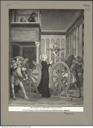 Vorderseite von Alinari [https://www.deutsche-digitale-bibliothek.de/content/lizenzen/rv-ez/] Szenen aus dem Leben der heiligen Katharina von AlexandrienMartyrium der heiligen Katharina: das Rad mit eisernen Nägeln wird von einem Engel mit dem Schwert zerstört - , bh055854_recto. Foto.