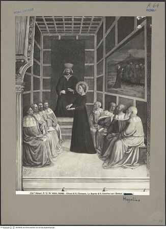 Vorderseite von Alinari [https://www.deutsche-digitale-bibliothek.de/content/lizenzen/rv-ez/] Szenen aus dem Leben der heiligen Katharina von AlexandrienDisput der heiligen Katharina mit fünfzig Philosophen im Beisein des Kaisers Maxentius - , bh055858_recto. Foto.