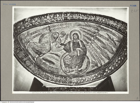 Vorderseite von Alinari [https://www.deutsche-digitale-bibliothek.de/content/lizenzen/rv-ez/] Römisches Mosaik mit dem thronenden Christus, der Petrus eine geschlossene Schriftrolle oder einen Schlüssel überreicht - Gesamtansicht, bh055936_recto. Foto.