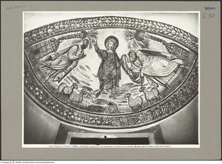 Vorderseite von Alinari [https://www.deutsche-digitale-bibliothek.de/content/lizenzen/rv-ez/] Römisches Mosaik mit Christus, Petrus und Paulus - Traditio legis - Gesamtansicht, bh055937_recto. Foto.