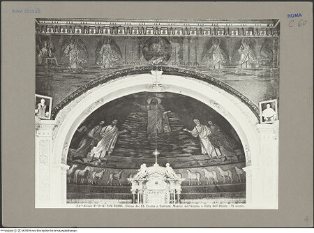 Vorderseite von Alinari [https://www.deutsche-digitale-bibliothek.de/content/lizenzen/rv-ez/] Christus Pantokrator zwischen den Heiligen Petrus, Paulus, Kosmas und Damian, Theodor und Felix - Mosaiken über dem Triumphbogen und in der Apsiskalotte, bh055939_recto. Foto.