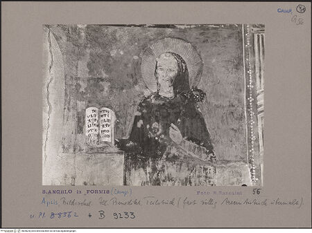 Vorderseite von Bibliotheca Hertziana [https://www.deutsche-digitale-bibliothek.de/content/lizenzen/rv-fz/] Majestas Domini mit Evangelistensymbolen, Erzengeln, Stifter und HeiligemMittleres Register: drei Erzengel zwischen dem Abt Desiderius von Montecassino und dem heiligen Benedikt von Nursia - Detail: heiliger Benedikt, bh056250_recto. Foto: Sansaini, Renato.