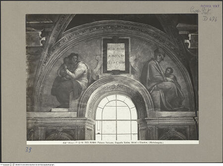 Vorderseite von Alinari [https://www.deutsche-digitale-bibliothek.de/content/lizenzen/rv-ez/] Die Sixtinische DeckeDie Vorfahren ChristiZorobabel, Abiud und Eliachim - Lünette, bh060014_recto. Foto.