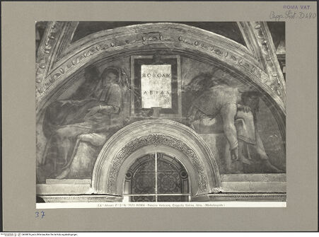 Vorderseite von Alinari [https://www.deutsche-digitale-bibliothek.de/content/lizenzen/rv-ez/] Die Sixtinische DeckeDie Vorfahren ChristiRoboam und Abias - , bh060016_recto. Foto.