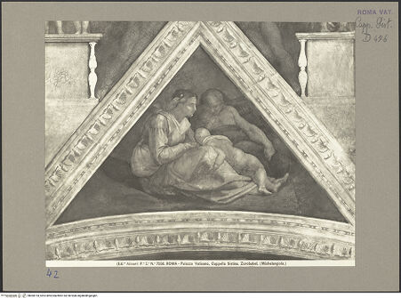 Vorderseite von Alinari [https://www.deutsche-digitale-bibliothek.de/content/lizenzen/rv-ez/] Die Sixtinische DeckeDie Vorfahren ChristiZorobabel, Abiud und Eliachim - Stichkappe über der Lünette, bh060154_recto. Foto.