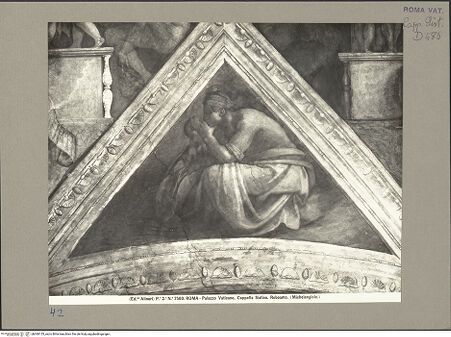 Vorderseite von Alinari [https://www.deutsche-digitale-bibliothek.de/content/lizenzen/rv-ez/] Die Sixtinische DeckeDie Vorfahren ChristiRoboam und Abias - Stichkappe über der Lünette, bh060155_recto. Foto.