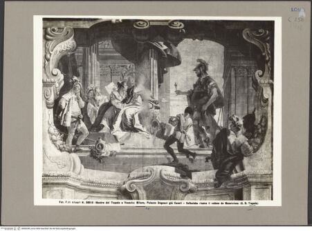 Vorderseite von Alinari [https://www.deutsche-digitale-bibliothek.de/content/lizenzen/rv-ez/] Die Geschichte von Scipio, Massinissa und SophonisbaSophonisbe empfängt das Gift von Massinissa - Gesamtansicht, bh060385_recto. Foto.