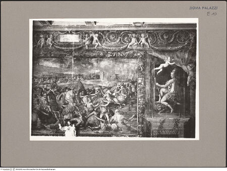 Vorderseite von Fototeca dell'Unione Internazionale presso l'American Academy in Rome [https://www.deutsche-digitale-bibliothek.de/content/lizenzen/rv-ez/] Szenen aus dem Leben von Papst Paul III.Der Sieg über Tunis 1535, Allegorien der Fortitudine und der Taufe der Ungläubigen - rechte Hälfte der Nordwand, bh062083_recto. Foto.