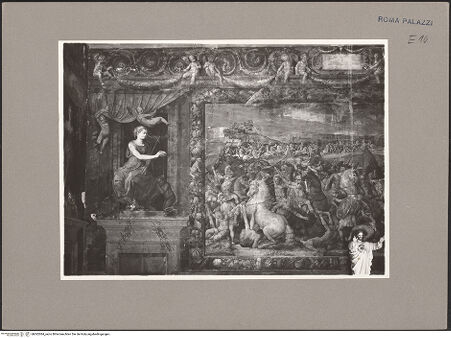 Vorderseite von Fototeca dell'Unione Internazionale presso l'American Academy in Rome [https://www.deutsche-digitale-bibliothek.de/content/lizenzen/rv-ez/] Szenen aus dem Leben von Papst Paul III.Der Sieg über Tunis 1535, Allegorien der Fortitudine und der Taufe der Ungläubigen - linke Hälfte der Nordwand, bh062084_recto. Foto.