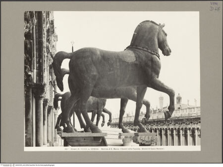 Vorderseite von Alinari [https://www.deutsche-digitale-bibliothek.de/content/lizenzen/rv-ez/] Quadriga, sog. Pferde von San Marco (Cavalli di San Marco) - Aufnahme in der ursprünglichen Aufstellung an der Fassade, bh062349_recto. Foto.