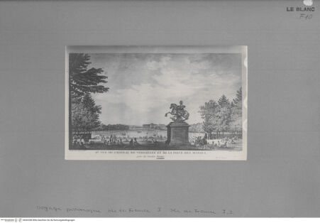 Vorderseite von Bibliotheca Hertziana [http://creativecommons.org/publicdomain/mark/1.0/] Reiterstandbild Ludwig XIV. als Marcus Curtius in Versailles; II.e vue du Château de Versailles et de la piece des Suisses - , bh063280. Foto.