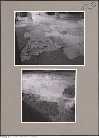 Vorderseite von unbekannt [https://www.deutsche-digitale-bibliothek.de/content/lizenzen/rv-fz/] FußbodenFragmente des Fußbodens des Dianatempels - Mittelschiff, Detail: tesselato rustico mit lateinischer Inschrift, bh064830_bh064831_recto. Foto: Paeseler, Wilhelm.