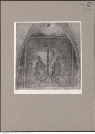 Vorderseite von Sopr. Napoli [https://www.deutsche-digitale-bibliothek.de/content/lizenzen/rv-ez/] Vier Szenen aus dem Leben der heiligen Einsiedler Antonius Abbas und PaulusDrittes Joch: Antonius und Paulus werden von einem Raben gespeist - Gesamtansicht, bh064872_recto. Foto.