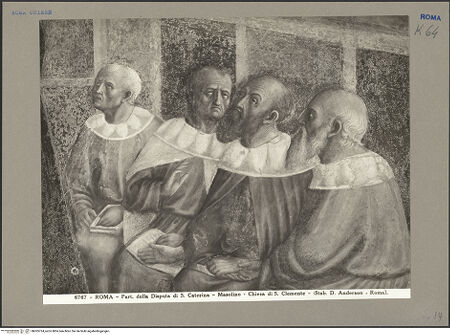 Vorderseite von Alinari [https://www.deutsche-digitale-bibliothek.de/content/lizenzen/rv-ez/] Szenen aus dem Leben der heiligen Katharina von AlexandrienDisput der heiligen Katharina mit fünfzig Philosophen im Beisein des Kaisers Maxentius - Detail: die Gelehrten, bh065724_recto. Foto: Anderson, Domenico.