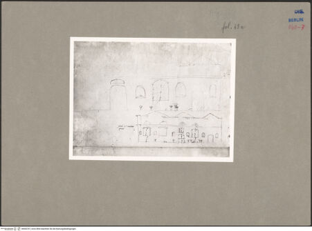 Vorderseite von Kunstbibliothek [https://www.deutsche-digitale-bibliothek.de/content/lizenzen/rv-ez/] Codex Destailleur DDiocletians-Thermen: Aufriss der Haupteingangsfassade - , bh065767_recto. Foto.