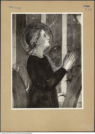 Vorderseite von ICCD [https://www.deutsche-digitale-bibliothek.de/content/lizenzen/rv-ez/] Szenen aus dem Leben der heiligen Katharina von AlexandrienMartyrium der heiligen Katharina: das Rad mit eisernen Nägeln wird von einem Engel mit dem Schwert zerstört - Detail: Katharina, bh066128_recto. Foto.