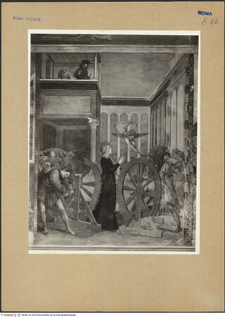 Vorderseite von ICCD [https://www.deutsche-digitale-bibliothek.de/content/lizenzen/rv-ez/] Szenen aus dem Leben der heiligen Katharina von AlexandrienMartyrium der heiligen Katharina: das Rad mit eisernen Nägeln wird von einem Engel mit dem Schwert zerstört - , bh066129_recto. Foto.