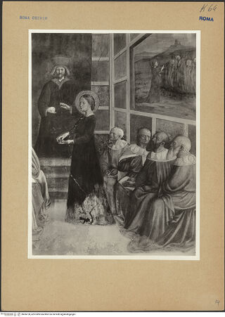 Vorderseite von ICCD [https://www.deutsche-digitale-bibliothek.de/content/lizenzen/rv-ez/] Szenen aus dem Leben der heiligen Katharina von AlexandrienDisput der heiligen Katharina mit fünfzig Philosophen im Beisein des Kaisers Maxentius - Detail, bh066130_recto. Foto.