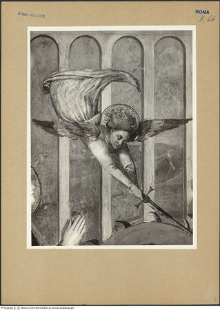 Vorderseite von ICCD [https://www.deutsche-digitale-bibliothek.de/content/lizenzen/rv-ez/] Szenen aus dem Leben der heiligen Katharina von AlexandrienMartyrium der heiligen Katharina: das Rad mit eisernen Nägeln wird von einem Engel mit dem Schwert zerstört - Detail: der Engel, bh066132_recto. Foto.