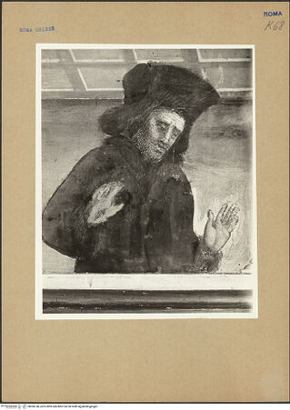 Vorderseite von ICCD [https://www.deutsche-digitale-bibliothek.de/content/lizenzen/rv-ez/] Szenen aus dem Leben der heiligen Katharina von AlexandrienMartyrium der heiligen Katharina: das Rad mit eisernen Nägeln wird von einem Engel mit dem Schwert zerstört - Detail: einzelner Zuschauer auf Empore, bh066140_recto. Foto.