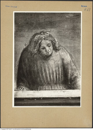 Vorderseite von ICCD [https://www.deutsche-digitale-bibliothek.de/content/lizenzen/rv-ez/] Szenen aus dem Leben der heiligen Katharina von AlexandrienMartyrium der heiligen Katharina: das Rad mit eisernen Nägeln wird von einem Engel mit dem Schwert zerstört - Detail: einzelner Zuschauer auf Empore, bh066141_recto. Foto.