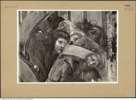 Vorderseite von ICCD [https://www.deutsche-digitale-bibliothek.de/content/lizenzen/rv-ez/] Szenen aus dem Leben der heiligen Katharina von AlexandrienMartyrium der heiligen Katharina: das Rad mit eisernen Nägeln wird von einem Engel mit dem Schwert zerstört - Detail: erschrockene Zuschauer, bh066142_recto. Foto.