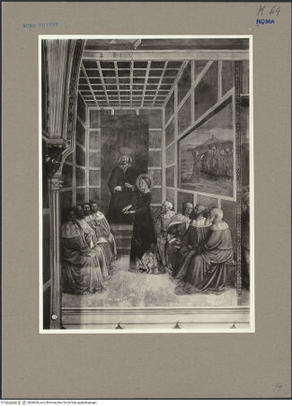 Vorderseite von ICCD [https://www.deutsche-digitale-bibliothek.de/content/lizenzen/rv-ez/] Szenen aus dem Leben der heiligen Katharina von AlexandrienDisput der heiligen Katharina mit fünfzig Philosophen im Beisein des Kaisers Maxentius - , bh066220_recto. Foto.