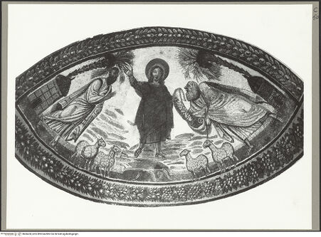 Vorderseite von ICCD [https://www.deutsche-digitale-bibliothek.de/content/lizenzen/rv-ez/] Römisches Mosaik mit Christus, Petrus und Paulus - Traditio legis - Gesamtaufnahme, bh066260_recto. Foto.