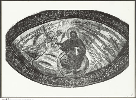 Vorderseite von ICCD [https://www.deutsche-digitale-bibliothek.de/content/lizenzen/rv-ez/] Römisches Mosaik mit dem thronenden Christus, der Petrus eine geschlossene Schriftrolle oder einen Schlüssel überreicht - Gesamtaufnahme, bh066261_recto. Foto.