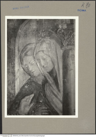 Vorderseite von ICCD [https://www.deutsche-digitale-bibliothek.de/content/lizenzen/rv-ez/] Szenen aus dem Leben des heiligen AmbrosiusBienen schwärmen um den Kopf des heiligen Ambrosius in der Wiege - Detail: Frauen an der Wiege, bh066434_recto. Foto.