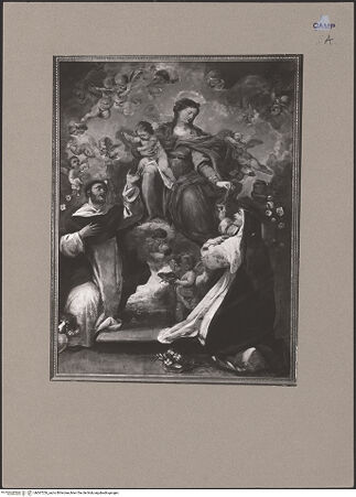Vorderseite von Sopr. BAS NA [https://www.deutsche-digitale-bibliothek.de/content/lizenzen/rv-ez/] Rosenkranzmadonna mit den Heiligen Dominikus und Katharina von Siena - Gesamtansicht, bh067226_recto. Foto.