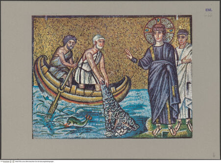 Vorderseite von unbekannt [https://www.deutsche-digitale-bibliothek.de/content/lizenzen/rv-ez/] Mosaiken im LanghausEvangelienseite mit weiblichen HeiligenSzenen aus dem Leben Christi: die Berufung von Petrus und Andrea - Gesamtansicht, bh067926_recto. Foto.