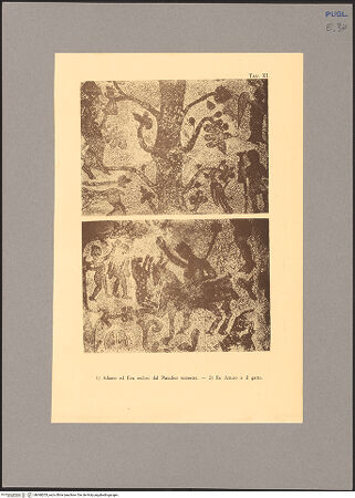 Vorderseite von unbekannt [https://www.deutsche-digitale-bibliothek.de/content/lizenzen/rv-fz/] Fußbodenmosaik des Mittelschiffes (Lebensbaum, Alexander der Große, der Turm von Babel, Geschichte des Noah, Monatsarbeiten, der Sündenfall, Abel und Kain, König Artus) - Ostteil, Detail: der Sündenfall und König Artus, bh068203_recto. Foto.