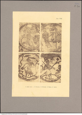 Vorderseite von unbekannt [https://www.deutsche-digitale-bibliothek.de/content/lizenzen/rv-fz/] Fußbodenmosaik des Mittelschiffes (Lebensbaum, Alexander der Große, der Turm von Babel, Geschichte des Noah, Monatsarbeiten, der Sündenfall, Abel und Kain, König Artus) - Ostteil, Detail: die Arbeit der Monate und der Tierkreis, bh068243_recto. Foto.