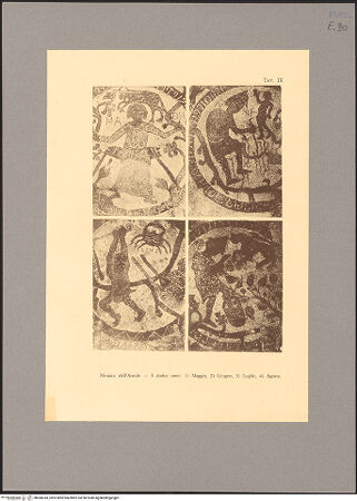 Vorderseite von unbekannt [https://www.deutsche-digitale-bibliothek.de/content/lizenzen/rv-fz/] Fußbodenmosaik des Mittelschiffes (Lebensbaum, Alexander der Große, der Turm von Babel, Geschichte des Noah, Monatsarbeiten, der Sündenfall, Abel und Kain, König Artus) - Ostteil, Detail: die Arbeit der Monate und der Tierkreis, bh068244_recto. Foto.