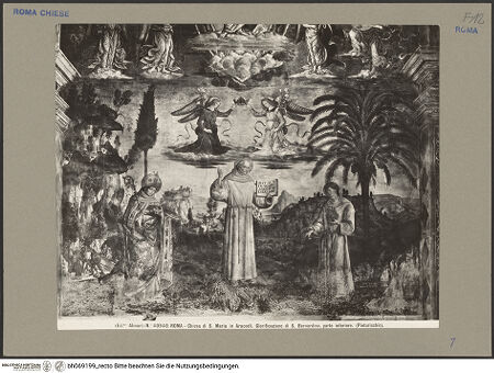 Vorderseite von Alinari [https://www.deutsche-digitale-bibliothek.de/content/lizenzen/rv-ez/] Szenen aus dem Leben des heiligen Bernhardin von SienaChristus in der Mandorla und die Heiligen Berhardin, Antonius von Padua und Ludwig von Toulouse - Detail: krönende Engel, bh069199_recto. Foto.