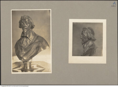 Vorderseite von Bibliotheca Hertziana [https://www.deutsche-digitale-bibliothek.de/content/lizenzen/rv-fz/] Büste Kardinal Richelieus - linkes Bild: Vorderansicht von schräg rechts; rechtes Bild: Gesamtansicht des linken Profils, bh069270_recto. Foto.