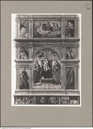 Vorderseite von Sopr. BAS NA [https://www.deutsche-digitale-bibliothek.de/content/lizenzen/rv-ez/] Retabel mit thronender Madonna zwischen den Heiligen Johannes dem Täufer und Johannes dem Evangelisten - Teilansicht, bh069656_recto. Foto.